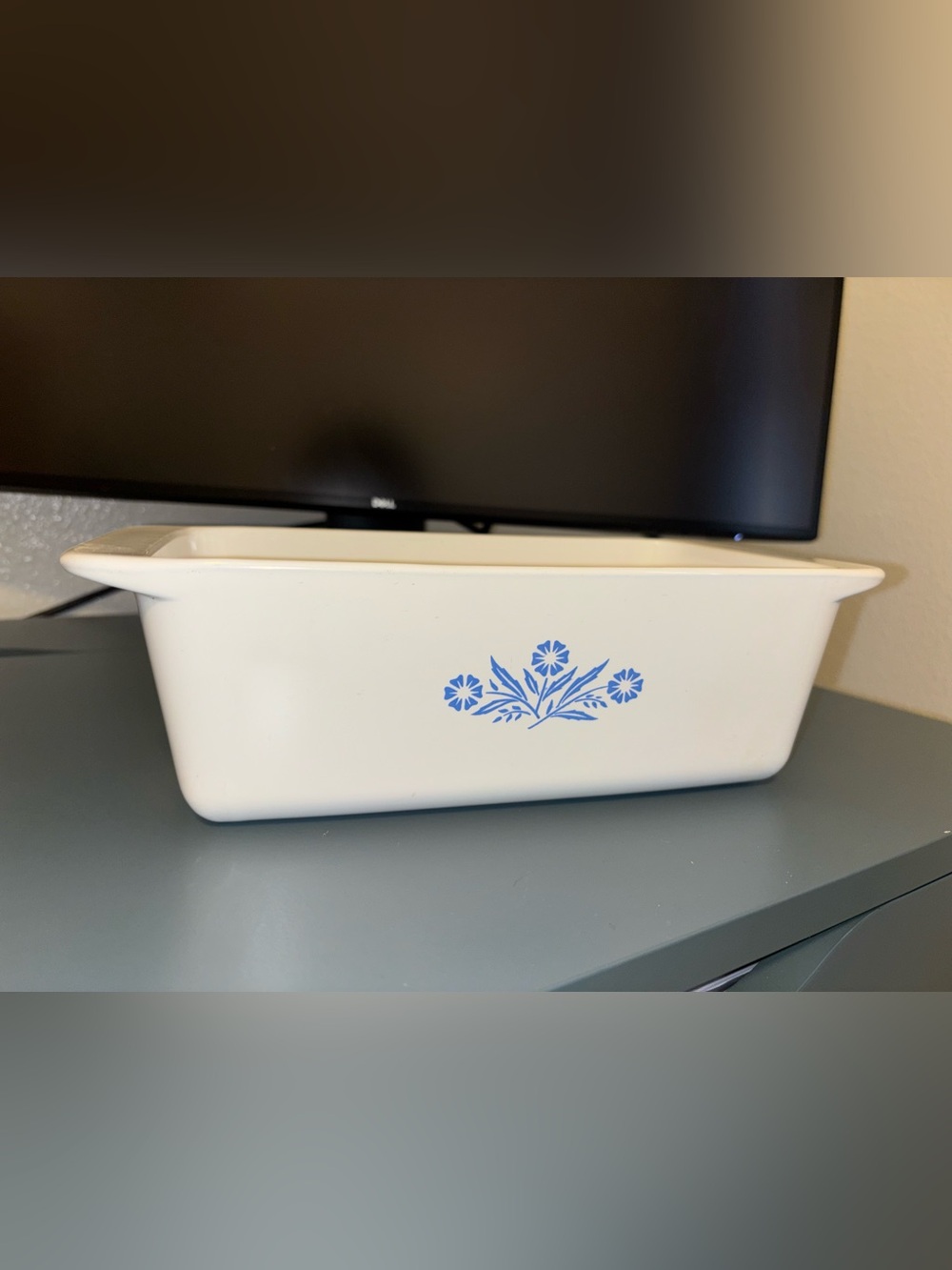 Corningware Cream Loaf Pan with Blue Floral Motif